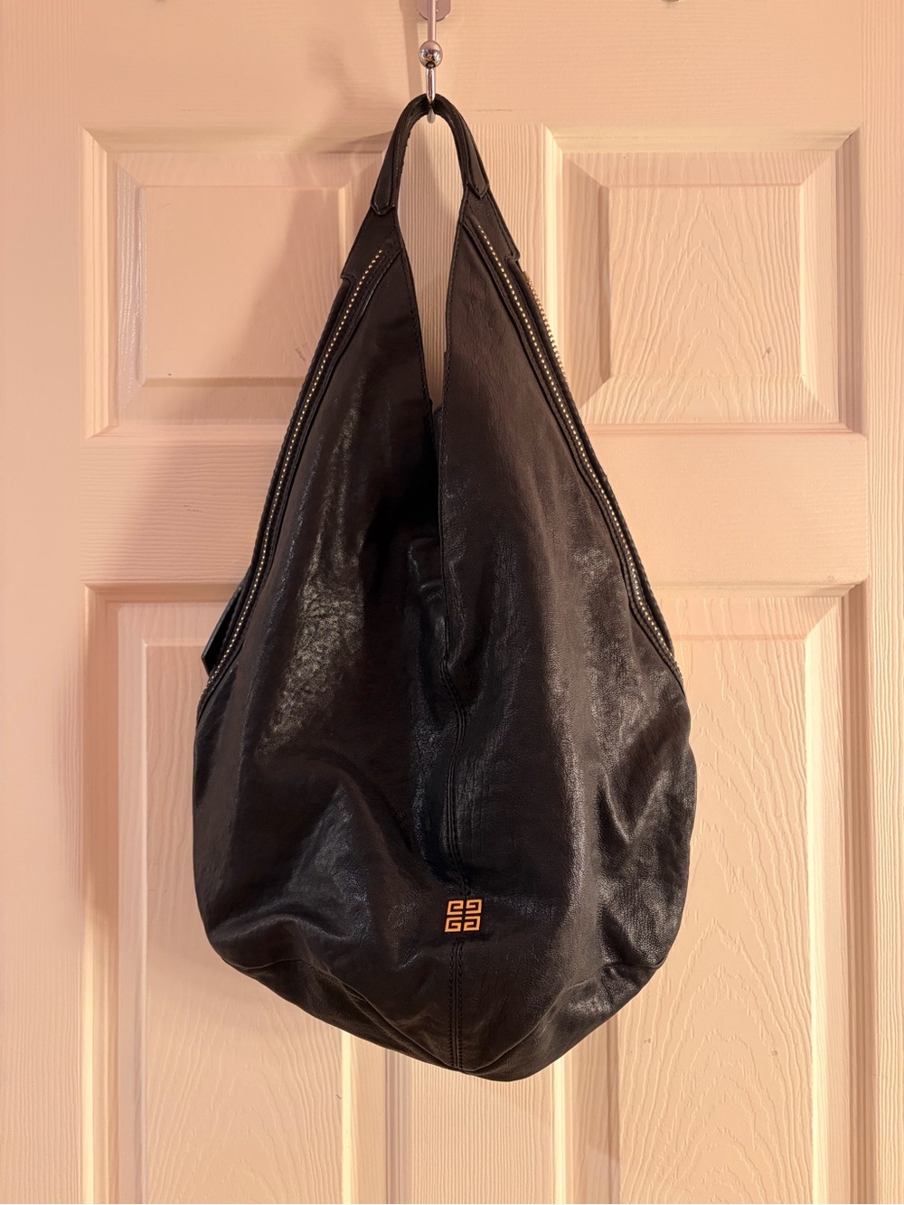 Vintage Authentic Givenchy Black Leather Shoulder Hobo with Gold Emblem